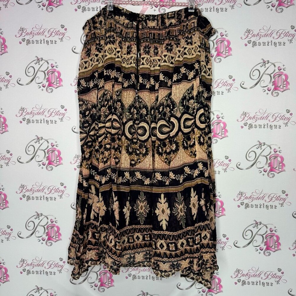Skirt bohemian print flowy maxi tan brown black cream paisley Aztec desert 🏜️